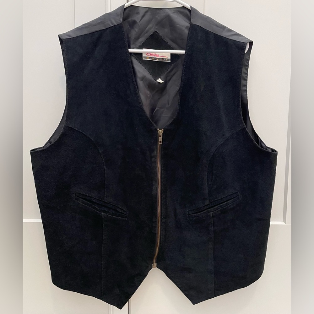 Vintage black suede leather vest tie-back zip 22/24 boho country festival